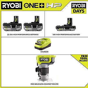 RYOBI ONE+ HP 18V Brushless Cordless Compact Router Kit with (3) Batteries $179