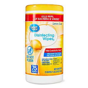 Great Value Lemon Scent Disinfecting Wipes,1 Lbs,5.5 oz,75 Count $2.98