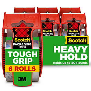 Scotch Tough Grip Clear Packing Tape,1.88"x22.2 Yd,6 Rolls with Dispensers $11.99