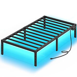 44.99:Rolanstar Twin Bed Frame with USB Charging Station,LED Lights,Steel Slats,14" Storage Space Beneath at Amazon