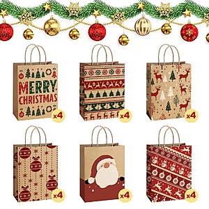 BagDream 24Pcs Christmas Kraft $11.59 FS WMT+ Bags with Handles for Presents,6 Assorted Designs