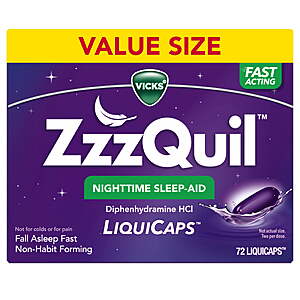 +$3 WM Cash] ZzzQuil LiquiCap Sleep Aid,Diphenhydramine 25mg HCl,72 LiquiCaps $17.12