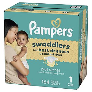 2 x Pampers Swaddlers Diapers,Size 1 (8-14 lbs),164 Count,$77.88 S&S,earn $20 Amazon Credit Free Shipping