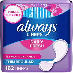 162-Count Always Thin Daily Panty Liners $4.90 w/ S&S + Free Shipping w/ Prime or on $35