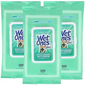 Select Accts:3-Pk 100-Ct Wet Ones Multi Purpose Pets Wipes $6.35 w/ S&S