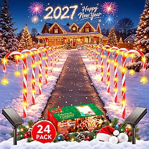 Prime] 24-Pack BUCASA Solar Candy Cane Pathway Lights w/ 144 LEDs & 10 Modes $36.99 ($1.54 each) + Free Shipping