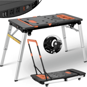 134 FS WALMART Seller TLGREEN 7-in-1 Multifunctional Folding Work Table,Portable Workbench for Garage,as Sawhorse,Scaffold,Platform,Car Creeper,Dolly with Wheels