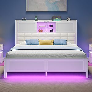 172.99:Rolanstar Full Size Bed Frame with Charging Station,LED Headboard,Bookcase,Sliding Doors,No Box Spring Needed,White at Amazon