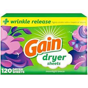 AC] $13.40 | 4 × 120 Count Gain Dryer Sheets Plus Wrinkle Release,Moonlight Breeze Scent ($3.35 each) at Amazon