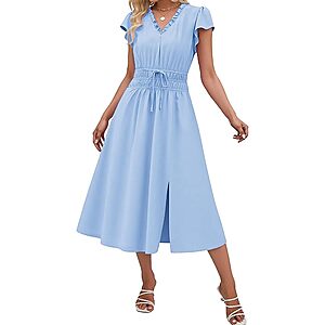 Angashion Women's V-Neck Cap Sleeve Empire Waist Midi Dress w/ Pockets (Various) $15