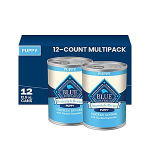 81.15 S&S,Clip Q,get $30 AMZ CREDIT:36 x 12.5oz Cans Blue Buffalo Homestyle Recipe Chicken Dinner with Garden Vegetables Paté Natural Puppy Wet Dog Food