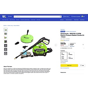 Bestbuy: Greenworks - 1900 PSI 1.2 GPM Electric Pressure Washer Combo Kit - Green $99.99