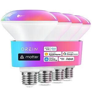 4-Ct 650lm OREiN Matter BR30 Smart Wi-Fi Color-Changing LED Light Bulbs $13