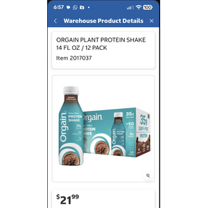 Starts 10/19 Costco In-Warehouse Orgain Dairy-Free Protein Shake (Creamy Chocolate) 12 pack 14 fl oz $16.99 after $5 savings
