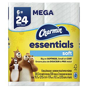 6-Mega Roll Charmin Essentials Soft Toilet Paper (330 Sheets Per Roll) $4.98 + Free Shipping w/ Prime or on $35