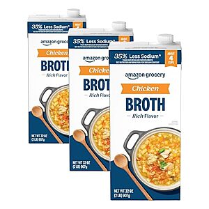 3.31* | 3-Pack 32oz Amazon Fresh 35% Less Sodium Chicken Broth at Amazon