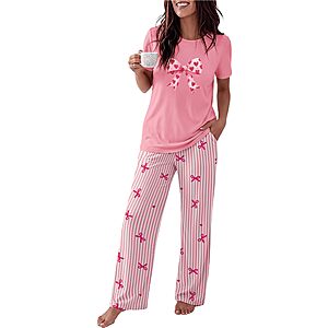 Ekouaer Womens Pajamas Sets 2 Piece Short Sleeve Lounge Set Printed Loose Pants Round Neck Pj Sets Loungewear Pink Stripe Bows Medium $10.99