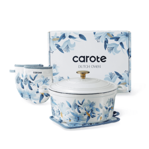 Carote 5QT Cast Iron Dutch Oven with Gloves and Pot Pad,9.5Inch Round Soup Pot,Nonstick Cookware for Baking,Roasting,Braising & Cooking,Dual Handles,Blue