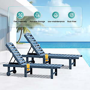 190 FS WALMART by SERWALL SERWALL Outdoor Chaise Lounge Set of 2,Adjustable Patio Chaise Lounge,HDPE with Rolling Wheels & Cup Holder,Blue or Black