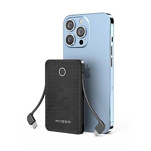 Miisso 6000mAh Credit Card-Sized Ultra Slim Power Bank w/ Built-In Cables (Deep Black) $13.99 + Free Shipping w/ Prime or on $35
