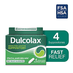 +$2 WM Cash] Dulcolax Stimulant Laxative Medicated Suppositories,Bisacodyl 10 mg,4 Count $5.48
