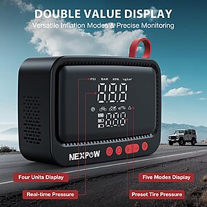 NEXPOW Tire Inflator Portable Air Compressor,150 PSI Cordless Air Pump for Car Tires with Dual Digital Pressure Gauge and Auto Shut-Off,Portable Tire Inflator $18.99