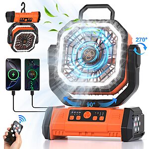 Honesorn Portable Rechargeable Fan 20000mAh,Camping Fan with LED Light & Remote,USB C Cordless Battery Powered Orange $29.99