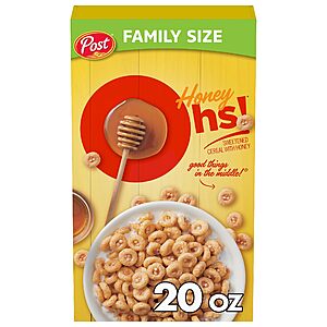 2 x 20 oz Honey Ohs!Cereal,Crunchy Sweetened Corn,Oats and Rice Os,Family Size Breakfast,$7.74 or less