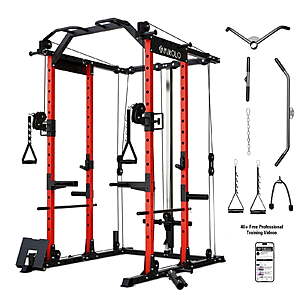 Mikolo Power Rack Cage,Weight Rack with Cable Crossover Machine,Multi-Function Squat Rack with J Hooks,Dip Bars and Landmine for Home Gym Red $455.99