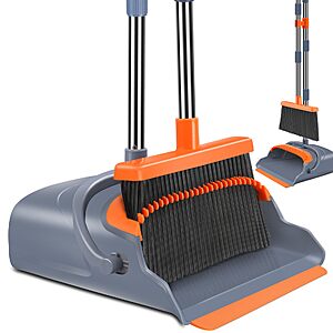 kelamayi Upgrade Broom and Dustpan Set,Self-Cleaning with Dustpan Teeth,Indoor&Outdoor Sweeping,Ideal for Dog Cat Pets Home Use,Stand Up Broom and Dustpan (Gray&Orange) $18.83