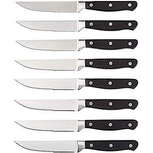 15.74* | 8-Pc 4.5" Amazon Basics Full Tang Stainless Steel Serrated Steak Knife Set at Amazon
