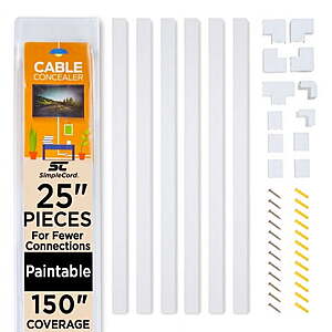 10.50,WM,Simple Cord 150-in Cord Hider Kit,6-Pack 25-inch Wall-Mounted Cable Management Covers,White