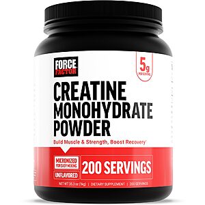 25.97:Force Factor Creatine Monohydrate Powder,5g Micronized Dose,Unflavored,200 Servings,2.21 Pound at Amazon