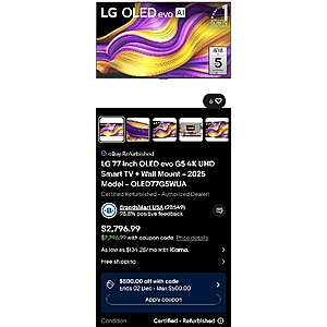 Certified Refurbished - 77 inch LG G5 OLED evo AI 4K UHD Smart TV (2025) + Wall Mount + 2 YR Warranty