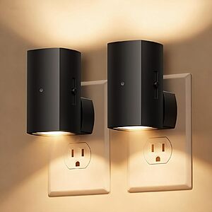 2-Pack Brightown Dimmable LED Wall Plug Night Lights w/ Sensor (Black,Soft White) $6