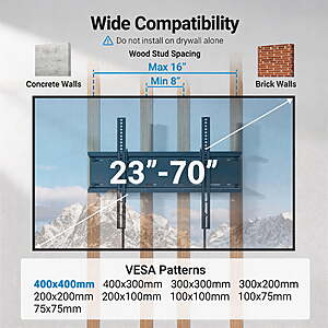 10.99ac FS Walmart+ by BSQ:Tilt TV Wall Mount Bracket Low Profile Fits 23-70 inch TVs,Holds up to 115lbs,Fits 8"/12"/16" Wood Stud,Max 400x400mm