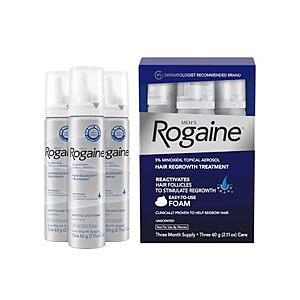SnS,AC] $30.88* | 3-Pk 2.11oz Men's Rogaine 5% Minoxidil Foam for Hair Loss & Hair Regrowth at Amazon