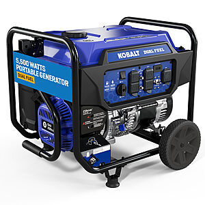Kobalt 49 State 6830 Starting / 5500 Running Watt Gas and Propane Dual fuel Portable Generator,$599,Lowe's
