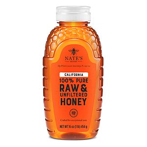 6.00:Nate's California 100% Pure Raw & Unfiltered Honey,16 oz Squeeze Bottle