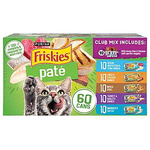 35 In Club,$39 delivery price COSTCO Purina Friskies Pate Wet Cat Food Variety Pack,5.5 oz,60-count
