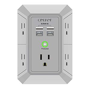 QINLIANF 5 Outlet Extender with 4 USB Charging Ports(2U2C) 3-Sided 1680J Power Strip Multi Plug Outlets Wall Adapter $16.99