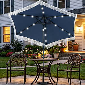7.5-ft Patio Umbrella w/ Fringe Tassels & Solar LED Lights (Navy) $34