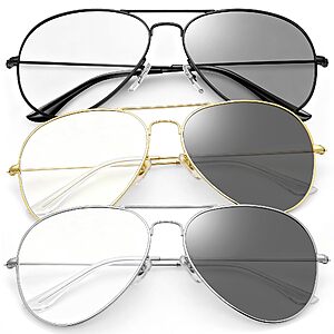 Joopin 3 Pack Photochromic Aviator Sunglasses | Transition Blue Light Glasses Color Changing (Black + Gold + Silver) $16.10