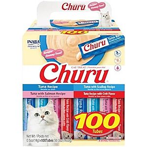 INABA Churu Cat Treats,Lickable,Squeezable Creamy Purée with Vitamin E,0.5 Ounces per Tube,100 Tubes Total,Tuna Variety $35.62 S&S,Buy 3,get $30 Amazon Credit