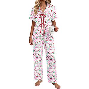 2-Pc Ekouaer Women's Satin Short Sleeve Pajama Set w/ Pockets (Various) $12