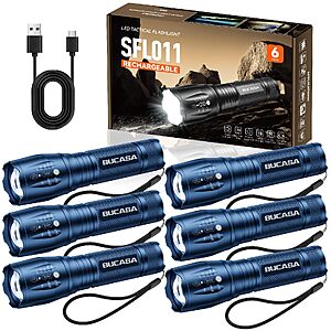 BUCASA Rechargeable Flashlights High Lumens 6 Pack (Blue),Rechargeable,Waterproof LED Flashlight with 3 Zoomable Modes $26.5