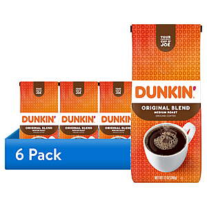6 pack) Dunkin’ Original Blend Medium Roast Ground Coffee,12 oz Bag $51.99