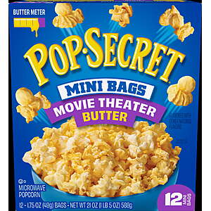2.97 FS Walmart+ or Pick Up Pop Secret Microwave Popcorn,Movie Theater Butter Flavor,1.75 oz Mini Bags,12 Ct
