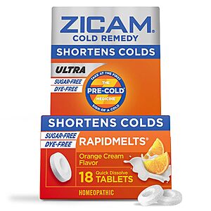 18-Count Zicam Ultra Cold Remedy Zinc Rapidmelts (Orange Cream) $4.33 w/ S&S + Free Shipping w/ Prime or on $35