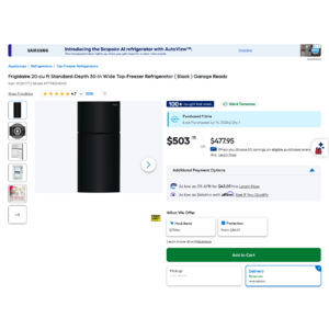 Lowe's:Frigidaire FFTR2045VB 20 Cu.Ft.Garage-Ready Top Freezer Refrigerator (Black) - $503.11 (Reg.$849) + Free Delivery YMMV